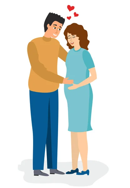 Pregnant woman. Couple in love. Happy expecting couple baby. Man hold wife, isolated flat young family vector characters. — 스톡 벡터