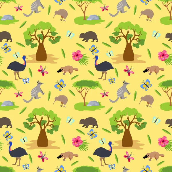 Australia background. Australian animals seamless pattern. Colored seamless pattern, australian animals, birds and plants. Design for fabric, carpet, wallpaper. Tropical nature, vector background — Stock Vector