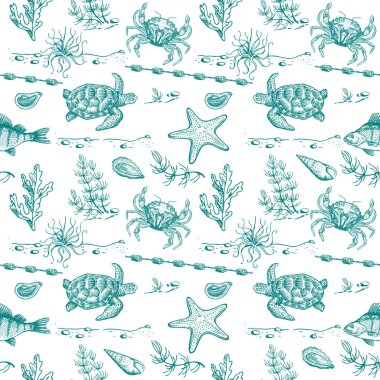 Deniz yaşamı kusursuz vektör deseni. Elle çizilmiş balıklar, deniz yosunu arka planında tortilla ve mercanlar ile kusursuz bir arka plan. Deniz tekstil koleksiyonu. Tropik okyanus. Koyu mavi arkaplan.