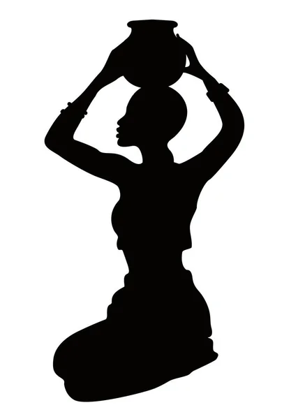 Silhueta da mulher africana, isolada sobre fundo branco. Mulher étnica com um vaso na cabeça. Ilustração vetorial. — Vetor de Stock