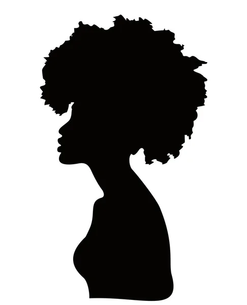 Portrait of African women, dark skin female face with afro hair. Vector isolated on white background, curly afro hair style concept. African American silhouette. — Stock Vector