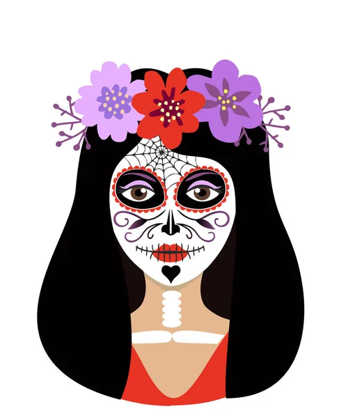 Tag des toten Mädchens Vektor Illustration. Junge Frau Zucker Kopf Make-up für mexikanische Party auf dia de los muertos. Weibliche Figur mit mexikanischem Catrina-Make-up — Stockvektor