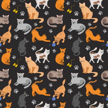 Sevimli kedi yavrularıyla kusursuz bir desen. Yaratıcı, siyah, kusursuz bir altyapı. Kumaş ve Tekstil Vektörü İllüstrasyonu için harika