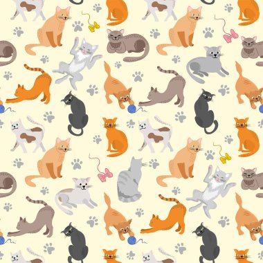 Kedi pürüzsüz desen. Farklı kediler düz çizim yapar. Renkli şirin kedi arkaplanı, renkli kedi yavruları, hayvan dokusu bebek kumaşı tasarımı, dekor. Çeşitli evcil hayvanlarla dekoratif arkaplan