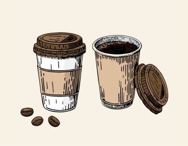 Kahve fincanı ve fasulye al. Plastik bir fincan kahve. Kapaklı bir fincan kahve. Baskı, kafe, menü, restoran, reklam için kahve servisi tabelası. Yeniden açmak için amblem. Vektör çizimi.