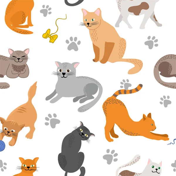 キティのシームレスなパターン。さまざまな猫がフラットイラストを繁殖させます。色かわいい猫の背景、動物の赤ちゃんの生地のデザイン、装飾のためのカラフルな子猫のテクスチャ。様々なペットと装飾的な背景 — ストックベクタ