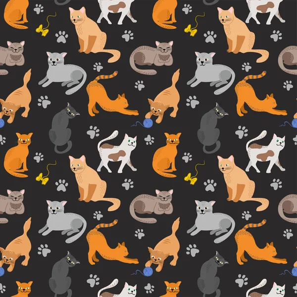 Bezproblémový vzor s roztomilými barevnými koťaty. Kreativní černé bezešvé pozadí. Ideální pro tkaniny, textilní vektorové ilustrace — Stockový vektor