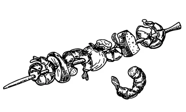 Pyszne grillowane szaszłyki menu Grill kij krewetki i warzywa. Ikona wektor ilustracja szkic projekt rysunek. Pyszne grillowane jedzenie na szpikulcu. Gotowe. Grawerowanie. Ilustracja wektora. — Wektor stockowy