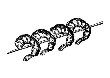 Şişte ızgara karides. Robot resim. Akdeniz Mutfağı. Sağlıklı beslenme. Deniz ürünleri tabakları. Karides kebabı vektör çizimi.