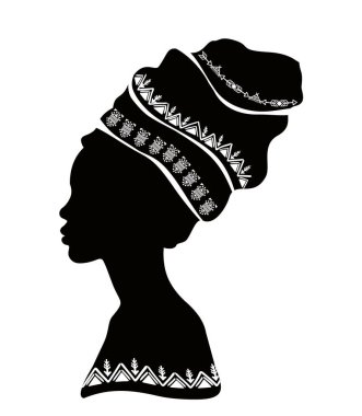 Geleneksel türbanlı güzel bir Afrikalı kadının portresi, Kente baş örtüsü, siyah afro kadın vektör silueti Afrika batik, etnik dekorasyon kumaşı, saç stili logosu