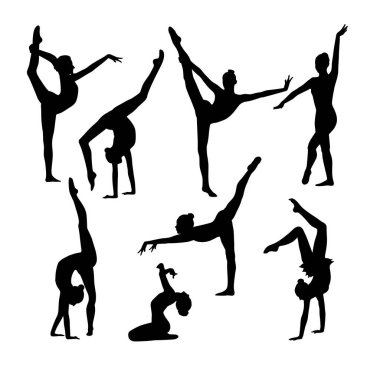 Beyaz arka planda sekiz siyah jimnastikçi figürü. Yoga ve fitness egzersizleri yapan zayıf, sportif bir kadın. Sağlıklı bir yaşam tarzı. Modern siluet çizim tasarımı. Tişört, ikonlar, web, posterler için