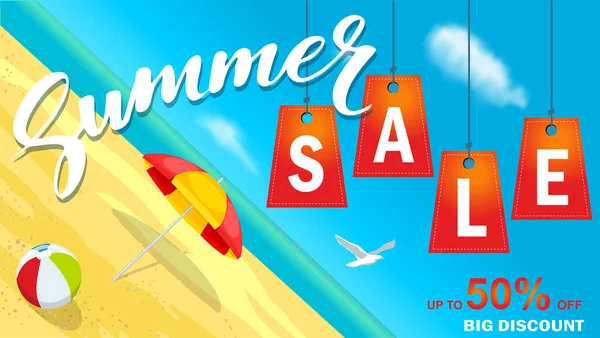 Banner de verano super venta con sombrilla y playa en el fondo. Ilustración vectorial para plantillas y banners, fondos de pantalla, volantes, invitaciones, carteles, folleto, cupón de descuento. — Vector de stock