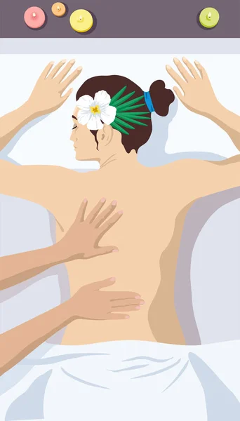 Masseur maakt een vrouw een rugmassage. Masseur 's handen maakt massage aan jong meisje op haar rug. Uitlijning van de ruggengraat door therapeutische massage. Chiropractor ruggengraat. Massage in de spa — Stockvector