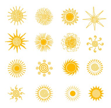 Güneş ikonları vektör sembolü seti. Yaz için, doğa, gökyüzü, yaz için. Güneş silueti. İzole vektör illüstrasyonu