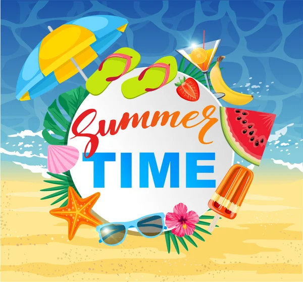 Summer time design with white circle for text and colorful beach elements. Bright greeting banner. Poster with tropical leaves, sun umbrella watermelon, popsicles, cocktail on sea background.Vector — Stock Vector