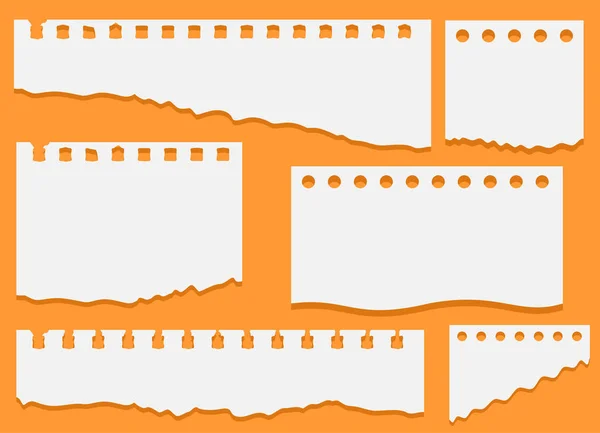 Ensemble de notes blanches déchiré, bloc-notes en papier collé sur un fond orange. Ensemble de papier déchiré pour ordinateur portable. Papier différent ensemble de chutes, morceau de page déchiré. Illustration vectorielle — Image vectorielle