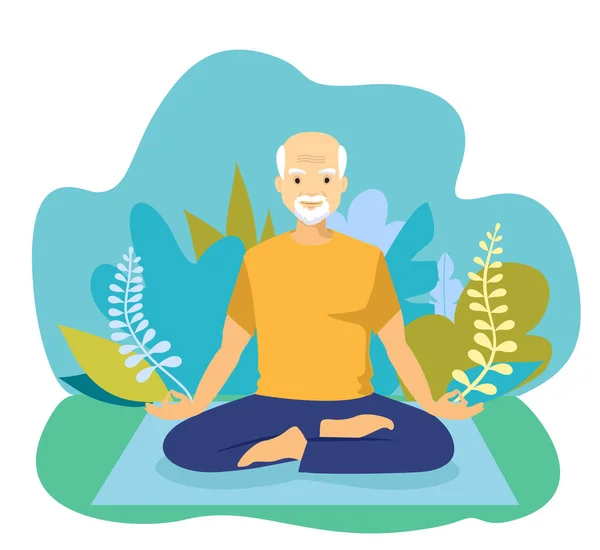 老男人做瑜伽。快乐退休的概念。快乐而轻松的男人，练习莲花瑜伽，冥想和做深呼吸运动 — 图库矢量图片