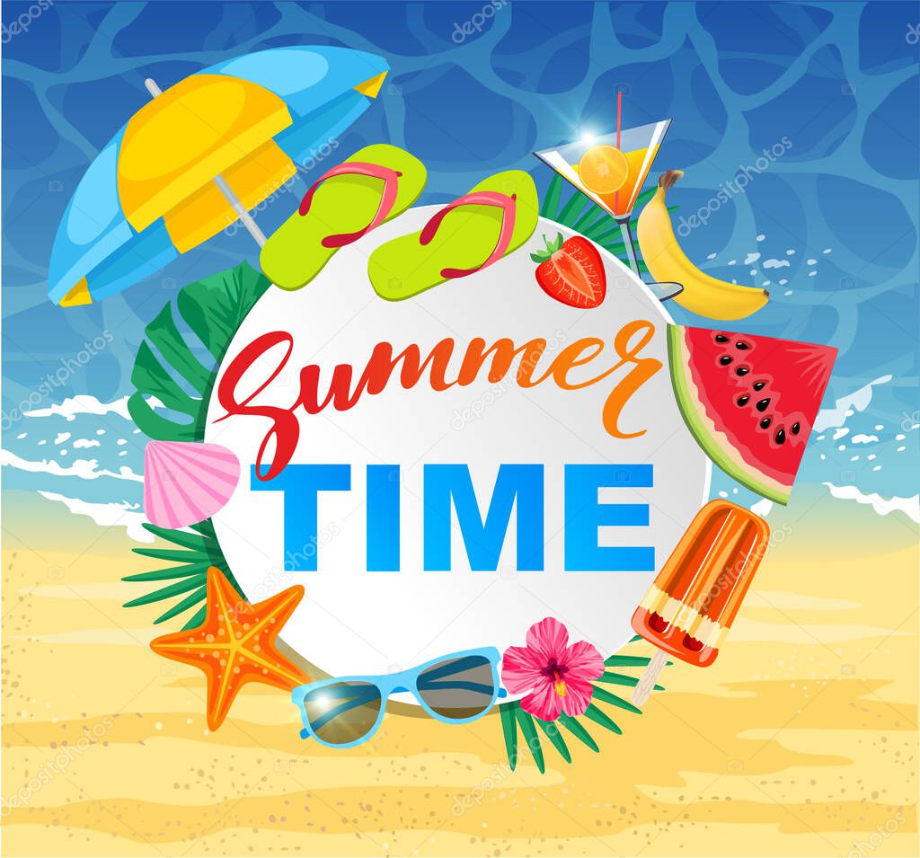 Summer time design with white circle for text and colorful beach elements. Bright greeting banner. Poster with tropical leaves, sun umbrella watermelon, popsicles, cocktail on sea background.Vector