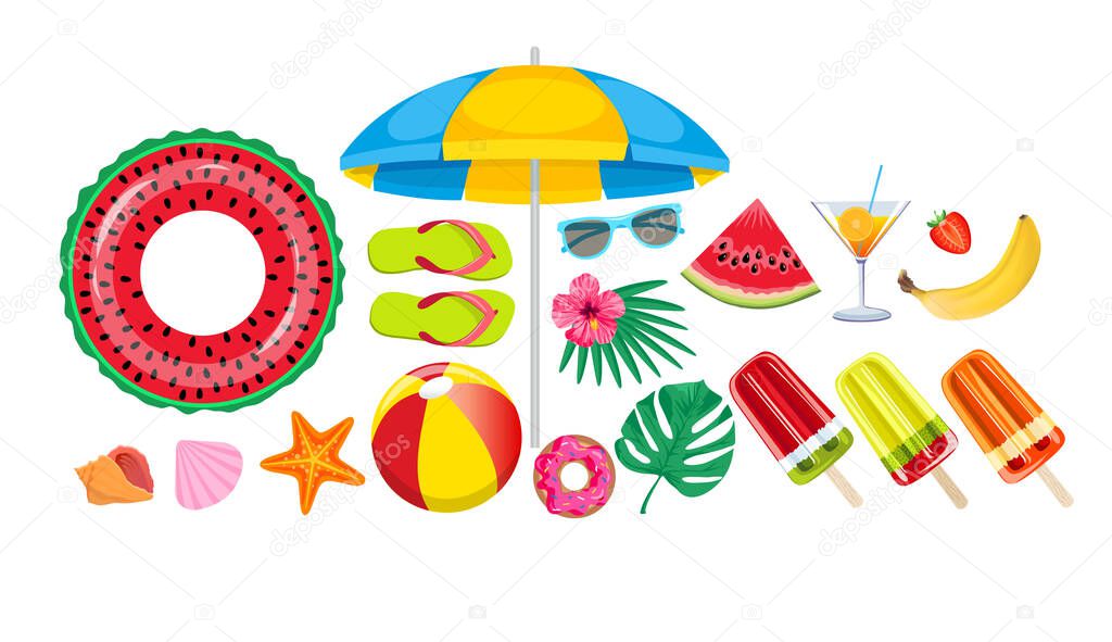 Summer beach, set of vector icons. Set hand drawn icons, signs and banners.Collection Summer hand drawn elements for summer holiday and party. Summer Typographic. Vector illustration.