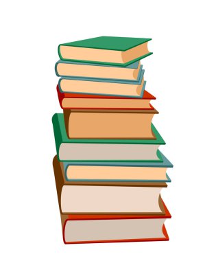 Beyaz arka planda yığınla kitap. Kitap yığını vektör illüstrasyonu. Düz şekilli ikon kitap yığını. Kitap yığınlı şablon tasarımı. Düz tasarım tarzında kitap simgeleri kümesi.