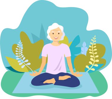 Yogada dinlenen çekici yaşlı kadın. Sağlıklı bir yaşam tarzı. Yaşlı bir kadın lotus pozisyonunda oturur ve meditasyon yapar. Vektör düz çizim. En iyi yaşlı kadınlar yoga ve tai chi yapıyor..
