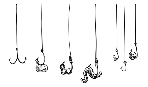 Gancio da pesca con corda. Ganci, placcaggi, esche per pesci. sfondo illustrazione vettoriale — Vettoriale Stock