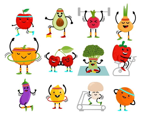 Conjunto de frutas e legumes bonitos entrar para esportes. Frutas e legumes personagens de desenhos animados. Alimentação saudável e fitness. Conjunto de personagens de desenhos animados de comida bonito. Ilustração vetorial —  Vetores de Stock