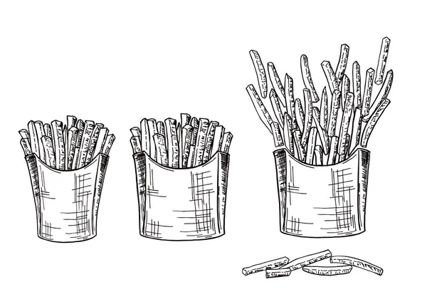 Cajas de cartón con bocetos hechos a mano. Dibujo a mano vector de comida rápida ilustración. Papas fritas en paquete y a granel. Esquema de boceto. — Archivo Imágenes Vectoriales