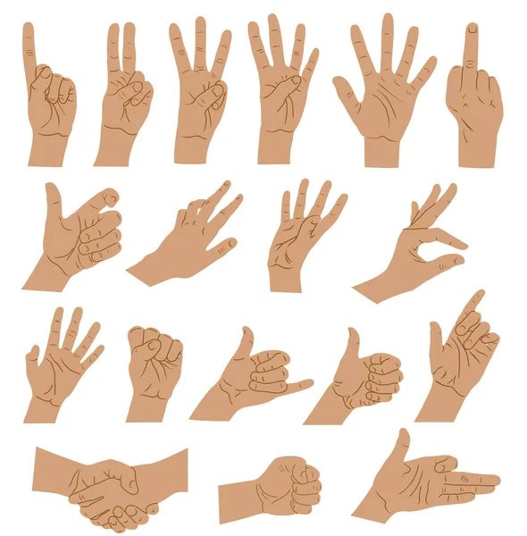 Mimik der Hände und Arme. Hands sign big set, ok, Hilfe beim Händeschütteln und Berühren, Gebet und Meditation, Zahlensymbole — Stockvektor