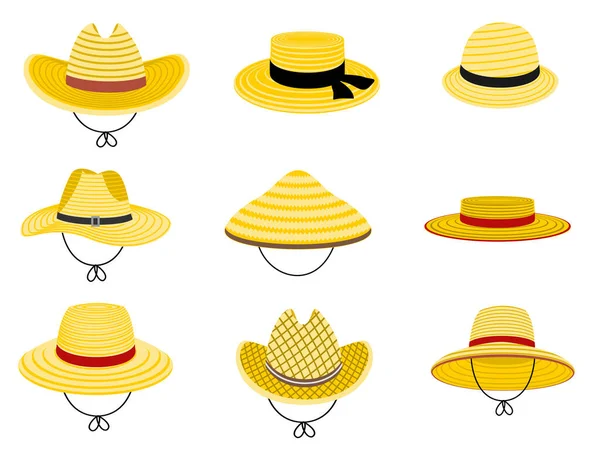 Sombreros de jardinería. Tocado rural agrícola tradicional de verano. Sombrero de Japón asiático, sombrero de vaquero americano de paja y gorra de paja femenina, accesorio de cabeza de playa amarilla aislado sobre fondo blanco — Vector de stock