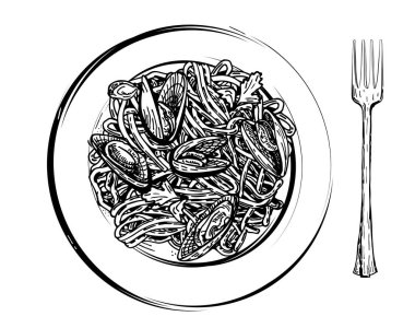 Tabakta midyeli spagetti. Sağlıklı yiyecekler. Akdeniz yemekleri, deniz ürünleri. skeç vektörü.