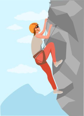 Dağcılar. Dağ tırmanışçıları sağlıklı aktif yaşam tarzı aktiviteleri. Koruyucu miğferli genç tırmanıcı kaya dağı setine tırmanıyor, ekstrem spor ve eğlence etkinliği konsepti vektörü