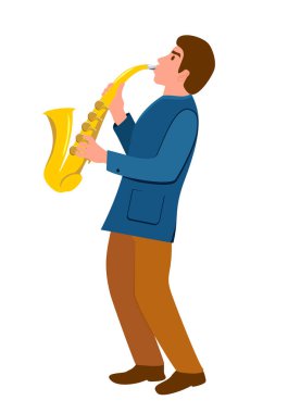 Saksafonlu bir adam. Saksafoncu karakter. Caz müzisyeninin tasviri. Genç müzisyen saksafon vektör illüstrasyonu çalıyor. Müzik, hobi konsepti. İzole edilmiş