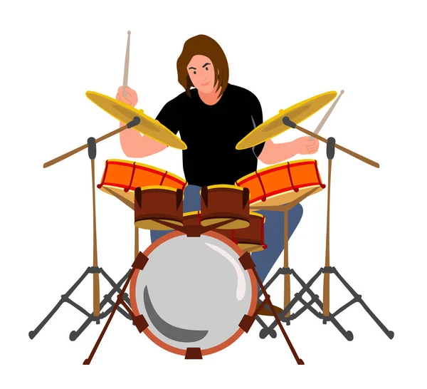 Drummer Rock muziek Guy drummer bij drum Man spelen met stokken op drums en bekkens flat style design — Stockvector