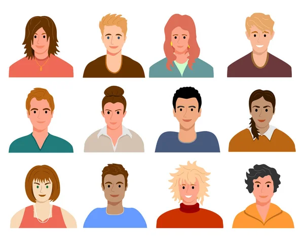 有年轻人面孔的神像。不同种族的男人和女人的肖像。用户简介。一群不同的人.彩色平面矢量插图。多族裔用户的化身 — 图库矢量图片