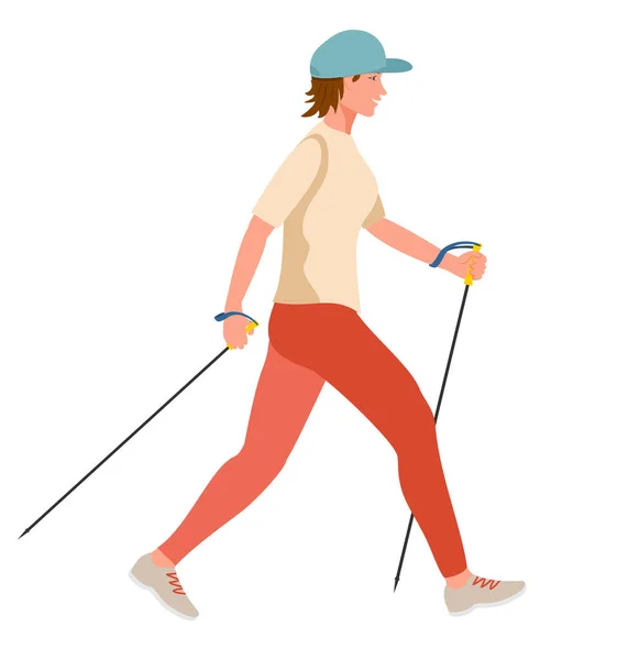 ノルディックウォークを屋外で行う女の子。ノルディックウォーキングを経験するポールを歩く若い女性のハイキング。現代のフラットスタイルで健康的なライフスタイルイラスト。隔離。 — ストックベクタ