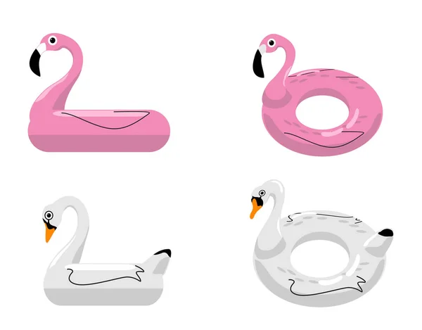 Flamingo und Schwan schwimmen im aufblasbaren Schwimmbecken. Vektorillustration. Ringe zum Schwimmen. Set Schwimmringe vorhanden. Aufblasbares Gummispielzeug. Schwimmkreise mit verschiedenen Formen. — Stockvektor