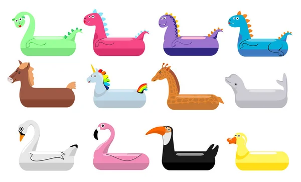 La piscina inflable flota. Anillos de natación inflables para niños. Dragón flotante, ballena, pato, flamenco, caballo, unicornio. Tubo de natación. Colección vectorial — Vector de stock