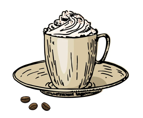 Café vienés. Café con crema en una taza y granos de café. Caffe latte gorra crema batida — Vector de stock