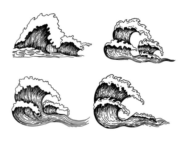 Zeegolven. Vintage schets oceaan getijdenstormen geïsoleerd op witte achtergrond voor surfen en zeegezicht, vector illustratie — Stockvector