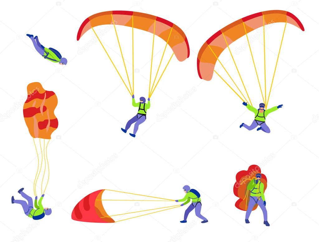 Skydivers flying with parachutes, extreme parachuting and skydiving concept. Stages of a parachute jump. Vector Illustrations on a white background. Cartoon parachutist.