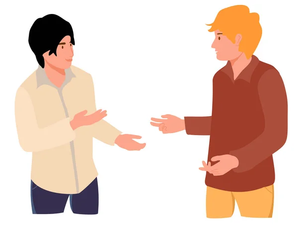 Two young people speaking together. Teenage or adult male characters talking. Scene of dialog between cartoon faceless men. Discussion, exchange of ideas. Flat vector illustration isolated — Stock Vector