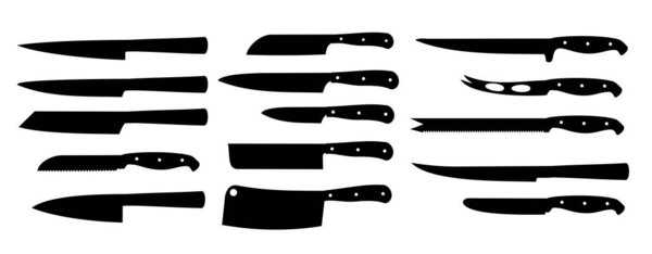 Set of vector knives isolated on white. Kitchen knives black silhouettes. Sharp cooking knife set, stainless steel restaurant knifes for work and chef, prepared beef accessories