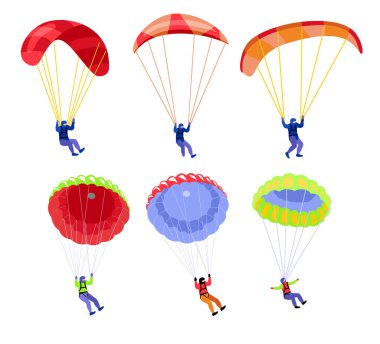 Paraşütçüler. Paraşüt setindeki insanlar. Paraşüt setiyle uçan paraşütçüler, aşırı paraşüt sporu ve beyaz arka planda paraşüt konsepti çizimleri.