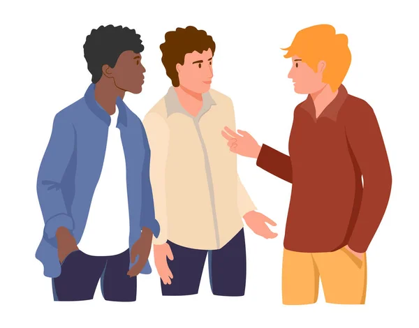 Tre unga män som pratar med varandra. Olika nationaliteter och raser. Manlig vänskap, vänner som umgås. multietniska människor som talar. Platt tecknad vektor Illustration — Stock vektor