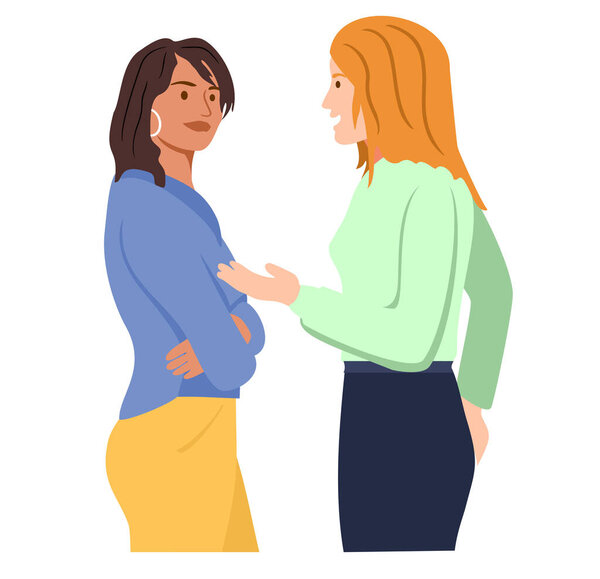 Разговоры этнических девушек. Встреча двух молодых женщин. Диалог между персонажами. Общение и дружба между женщинами и девушками разных культур. Плоская векторная иллюстрация, изолированная на белом