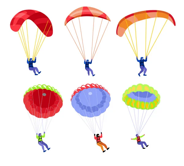 Parachutists. People on parachutes set. Skydivers flying with parachutes set, extreme parachuting sport and skydiving concept vector Illustrations on a white background — Stock Vector