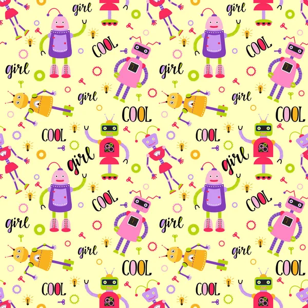 Cute colorful robots seamless pattern. Robots toys for children. Vector illustration.