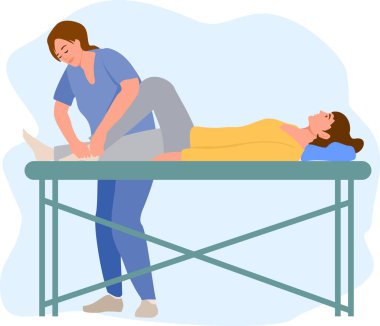 Fizyoterapi rehabilitasyon vektör çizimi. Masaj masasında yatan hasta tedavi görüyor. Yaralı ayak masajı yapıyor. Fiziksel tedavi konsepti.
