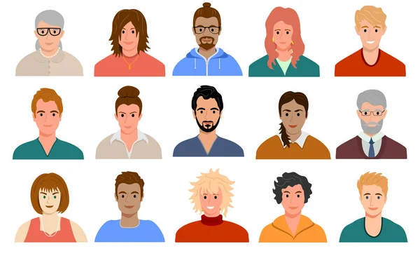 Avatars de personnes d'âge multinational et mixte. Portraits d'hommes et de femmes de races différentes. Jeu de profils d'utilisateurs. Illustration vectorielle plate colorée — Image vectorielle